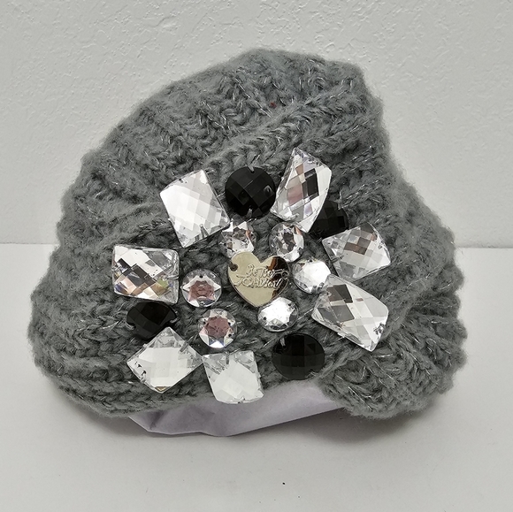 Betsey Johnson Hat Gray & Metallic Silver Knit Turban Wrap Style w/ Gem Accents - Picture 2 of 5